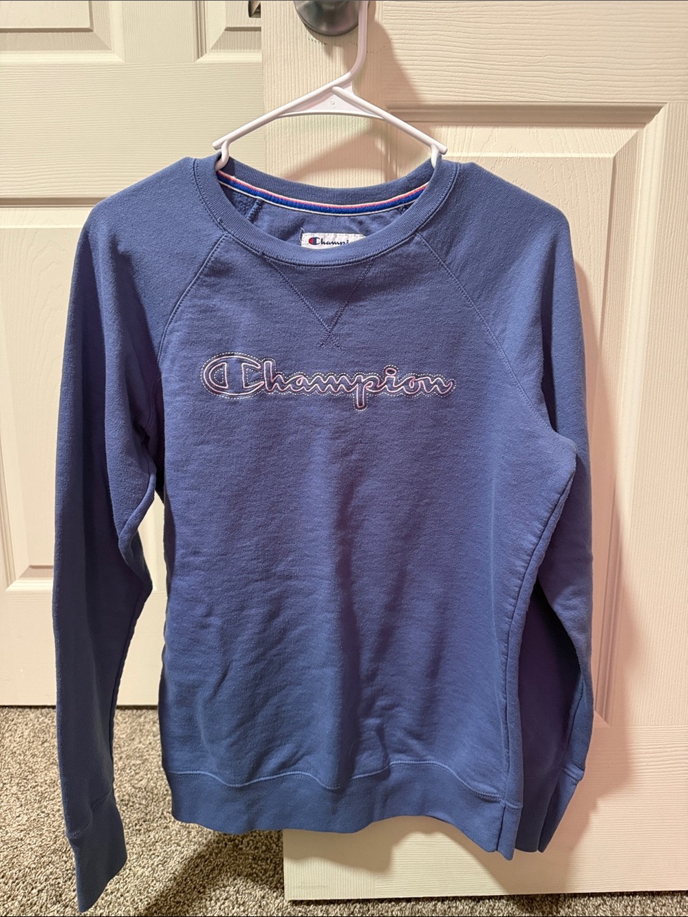 Champion Girls' Pullover Sweatshirt in Periwinkle Blue with Pink Accent
